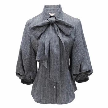 VGH Vara pentru Femei Bluze Vintage Felinar Maneca Arc cu Dungi guler rever Doamnelor Tricou 2020 Noua Moda de Îmbrăcăminte