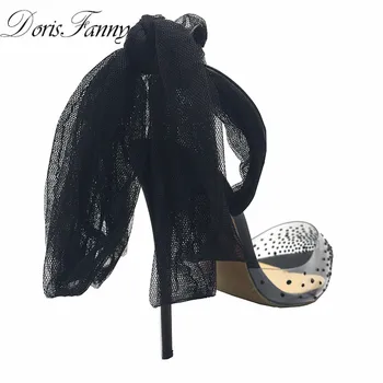 Doris Fanny Transparente, tocuri inalte sexy sandale din PVC Clar Cristale plexiglas tocuri negri Femei Sandale pantofi de Vara de mari dimensiuni