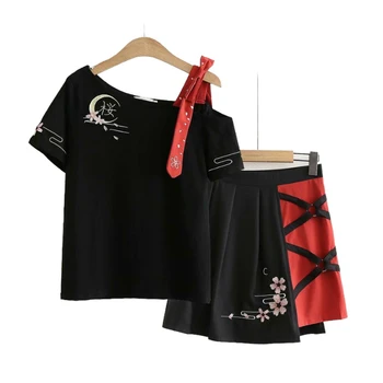 Merry Destul de Noua Moda de Vara pentru Femei Seturi de Broderie de Pe Un Umăr Halter Negru T-shirt + Plisata Fusta Mini Fete Costume