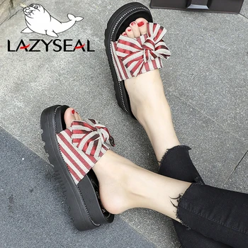LazySeal Pană Fund Gros Papuci De Femei Pantofi Pentru Fata De Vara Bowknot Baie Acasă Diapozitive, Flip Flops În Aer Liber Feminin Încălțăminte