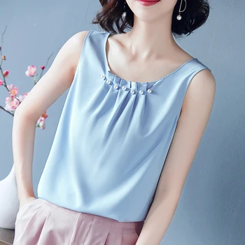 Moda coreeană Silk Tank Top Femei Satin Birou Doamnă Rezervor de Top cu Margele Roz Solide Cami Top Plus Dimensiune XXXL/5XL de Îmbrăcăminte pentru Femei