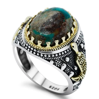 S925 argint naturale de piatră de turcoaz inel barbati, verde natural turc inel de piatră prețioasă pentru bărbați bijuterii
