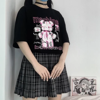 Anime-Ul Japonez De Desene Animate De Imprimare Harajuku Topuri Largi Supradimensionat Vintage Femei T-Shirt Punk Bumbac Maneca Scurta De Vara Haine Negre