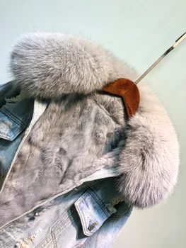 Moda de iarnă Caldă Naturală de Vulpe Guler de Blană, paltoane + Real Păr de Iepure Linie de Denim Sacou Feminin, Broderie Real sacou Blana F702