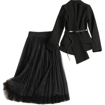 Femei de moda neregulate negru asimetric curea sacou + timp plasă plisată fusta TUTU costum 2 piese set nou 2018 toamna
