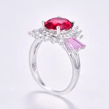 Lingmei Clasic Oval Tăiat Femei Frumoase Roșu Roz Zircon Moda De Nunta Inele De Petrecere Argint ColorRing Marimea 6-9 Bijuterii