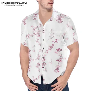 INCERUN Moda de Vara Tricou Barbati Casual Streetwear Plaja Maneca Scurta Slim Bluza Floral Imprimat Rever Bărbați Cămăși Hawaiiene S-3XL