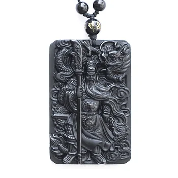 QIANXU Negru Obsidian Buddha Colier Pandantiv Guan Yun Dragon Jad Pandantiv de Jad Bijuterii Bijuterii Fine
