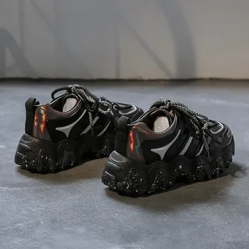 Dlek Doamnelor Adidasi Casual Gros Talpa Platforma de Primăvară/Toamnă Dantela-up Culori Amestecate Bling Negru Indesata Tata Pantofi