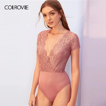 COLROVIE Roz Cufunda Gât Pur Dantelă Ghipura Wrap Body Femei Pur Skinny Body 2019 Vara Adânc V Gâtului Sexy Costume