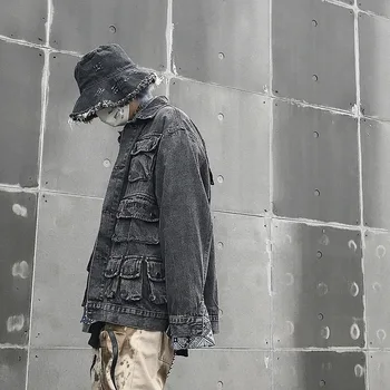 Japoneze vintage multe buzunar casual mens geaca de blugi funcția de vânt salopete de moda streetwear homme haina