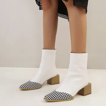 Femei De Moda Cizme De Lux, Bloc Tocuri Pantofi De Toamnă Femeii A Subliniat Toe Glezna Cizme De Cauciuc Alb Negru Zapatos Mujer 2020