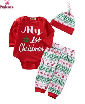 Copil nou-născut Băiat Fete Haine de Crăciun 3PCS Drăguț de Crăciun Roșu Romper Topuri cu Maneci Lungi Pantaloni Legging Pălărie, Costum de Haine Seturi
