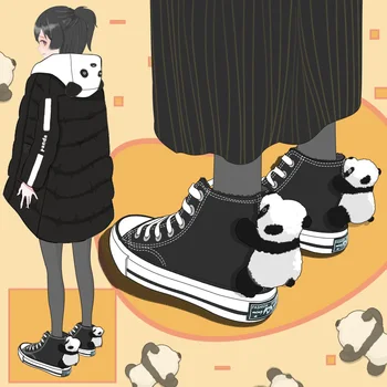 Amy și Michael Panda Minunat Păpuși Pantofi de Panza Elevii Femei Vulcanizat Pantofi Femeie de Moda Casual High Top Adidași Negri