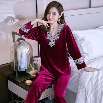 2020 Femei Toamna Iarna Catifea de Aur Seturi de Pijama Epocă Îngroșa Feminin Pijamale cu Dantelă V Gât Solide de Femei îmbrăcăminte de noapte
