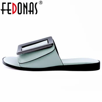 FEDONAS 2021 Vară Nou Design de Brand Rotund Toe Superficial Aluneca Pe Femei Falts Sandale Pantofi Casual Femei Catarama Decor Papuci