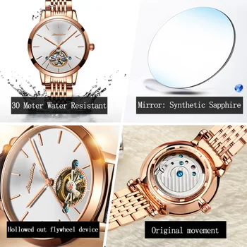 Ceas Original JSDUN Elveția Brand Tourbillon Ceasuri Automate Impermeabil Doamnelor Ceas Mecanic Negru pentru Femei din Piele Ceas