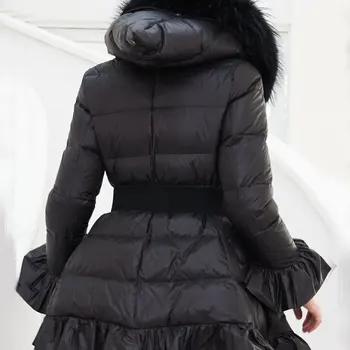 Moda pentru femei jacheta cu gluga volane elegante eșarfe talie O-Linie vrac jos haina cu glugă raton păr guler de sacou în jos