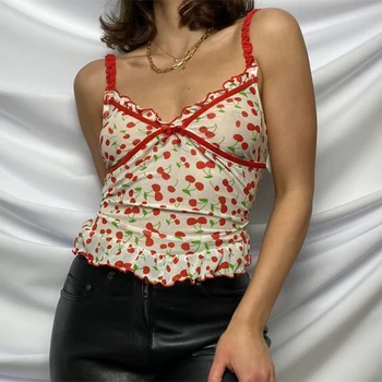 Cireasa de Imprimare Topuri de Cultură Y2k Femei Sexy Camis Vară fara Spate Bretele 90 E Fata Estetice Drăguț plase de Streetwear Femei