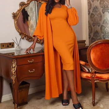 African Două Seturi de Piese, Rochie si Sacouri Femei Cardigan Strat Solid de Culoare Doamna Eleganta Casual Fashion 2021 Primăvară Costume de sex Feminin