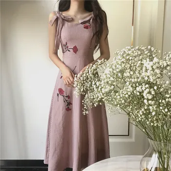 Stil Preppy Epocă coreean 2020 moda temperament feminin broderie pink plaid print curea rochie de vara pentru femeie rochii lungi