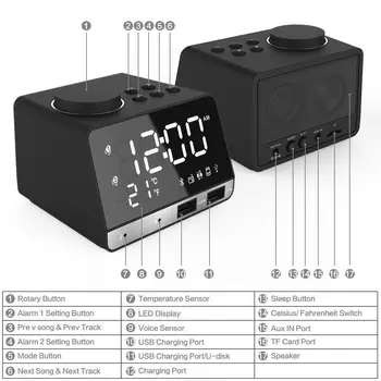 LED Digital Dual Alarmă Oglindă Ceas Wireless bluetooth Bas Difuzor Radio FM+2 Porturi USB Încărcător Music Player Amânare Temperatura