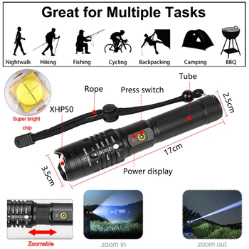 Cea mai Puternica Lanterna LED-uri Lanterna XHP50 USB Reîncărcabilă Ultra Strălucitoare Lanternă Tactică în aer liber Camping Vânătoare Mână de Lumină
