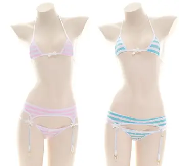 Anime Lolita Girl Blue & Pink White Stripe Set de Bikini Privat Lenjerie de uz casnic Sleepwear Sexy Cosplay Bandge Set de Lenjerie