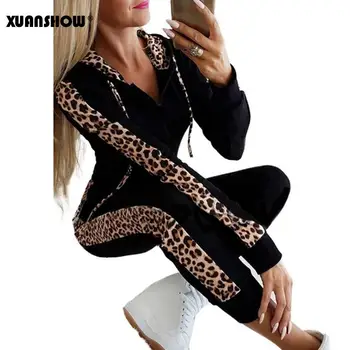 XUANSHOW Toamna Iarna Moda Trening Femei Îmbinare Fleece Leopard de Imprimare Haina cu Gluga Set de Doua Bucati Hanorace Pantaloni Lungi Costum
