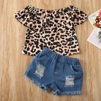 De vară pentru Copii Baby Girl Zburli Off-Umăr Leopard de Imprimare Topuri pantaloni Scurti din Denim 2 buc Haine Set 1-6 ani copii haine la modă