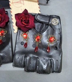 Gotic Femei Mănuși Rock Aburi steampunk Trandafir de Cristal PU Viteze din piele Manusa Cosplay Accesorii