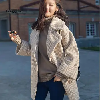 Fengguilai Iarna coreean Palton de Femei de Moda de Epocă de Lână Vrac Straturi Dublu Breasted Guler de Turn-down Lână Sacou Feminin