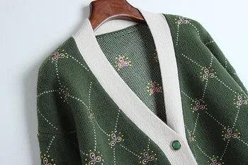 Toamna Iarna Nou Stil Echipajul Gât Verde Broderie Flori Femei Tricotaje Cardigan Pulover Haina stil coreean Purta Curren