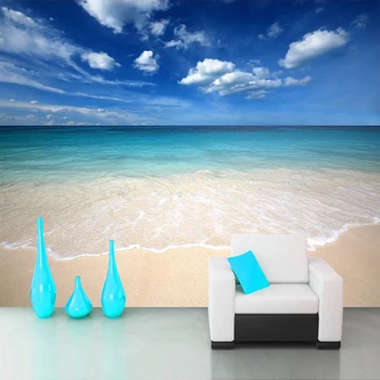 Personalizat Cer Albastru Nori Albi Plaja de Nisip, Apa de Mare Fotografie 3D Tapet Mural Papel De Parede Living Dormitoare imagini de Fundal de Perete