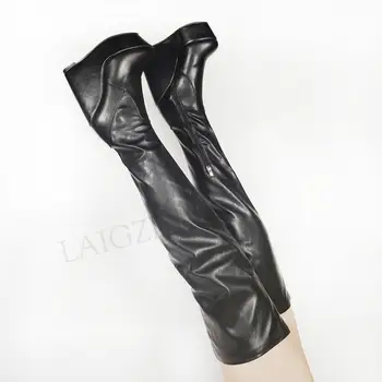 LAIGZEM Femeile Peste Genunchi Ridicat Platforma Wedge Boots Faux din Piele cu Fermoar Tocuri Cizme 2021 Botines Mujer de Mari Dimensiuni 44 46 47 50 52
