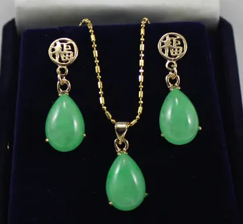En-gros de nobil bijuterii noi 12*16mm verde jad Natural cercei & pandantiv lanț set de bijuterii