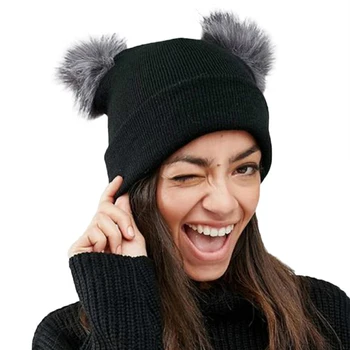 2020 Anul Nou Dublu Faux Blana Pom Pom Pălării de Iarnă pentru Femei Solide Căciulă Tricotată Femei Fete Cald Iarna Capace Chelioși capota