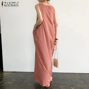 ZANZEA 2021 Elegant Solid Maxi Rochie de Vara pentru Femei Sundress Ocazional fără Mâneci rochițe scurte fără mâneci Vestidos Plajă Feminin Haina Plus Dimensiune