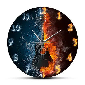 Jumătate De Apă O Jumătate De Incendiu Chitara Acustica, Chitara Electrica Ceas De Perete Instrument Muzical Ireal Decor Acasă Cadou Pentru Jucătorii Chitara