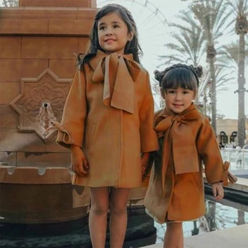 Copil Drăguț Copii Fete Copii Palton De Lână Bowknot Pieptul Singur Strat Pentru Fata Îmbrăcăminte Exterioară De Iarnă Haine Groase Snowsuit 2-8 T
