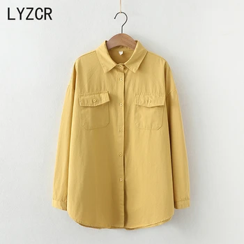 LYZCR Primavara Toamna din Bumbac Tricou Supradimensionat Vintage Bluza Femei 2021 Vrac Buton-Jos Femei Cămăși Pentru Femei Topuri Violet