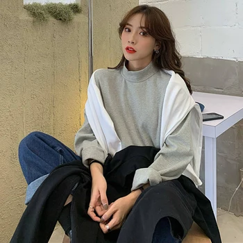 Mânecă lungă T-shirt Femei Îngroșa Plus Catifea de Agrement Jumătate Guler Stil coreean Liber Femme Bază Solidă Toate-meci de zi cu Zi Noi