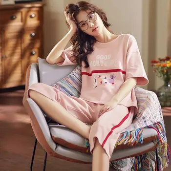 Pijama Seturi pentru Femei de Vară Vițel lungime de Desene animate Imprimate de Dimensiuni Mari 4XL coreeană Stil Chic Ulzzang Respirabil Femeie la Modă Sleepwear