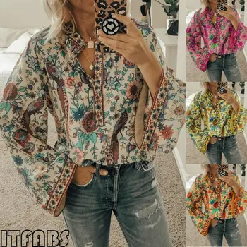 În 2020, Noi Femeile Boho Florale Flare Bluza Cu Maneci Lungi Tricou Doamnelor Păun Tipărite V Gât Vrac Se Potrivi Bluze Bluza Blusas Îmbrăcăminte