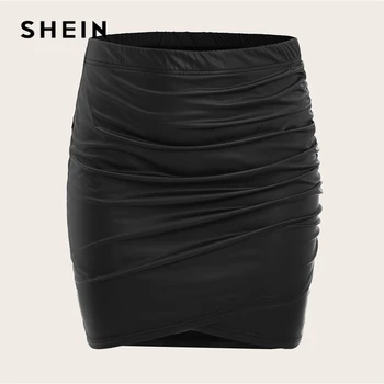 SHEIN Plus Dimensiune Negru Ruched PU Piele Bodycon Fuste Femei de Primăvară Solid Doamne de Birou Elegant Slab Fusta Scurta