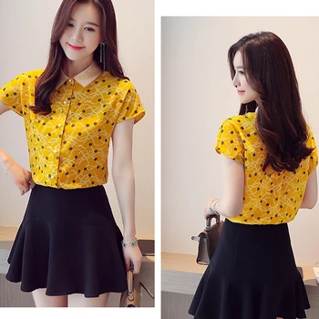 Stil coreean Imprimate Șifon Bluza de Vara pentru Femeie Nou Contrast Maneca Scurta Bază Cămașă Bluză Rândul său, în Jos Guler OL stil 9455 50