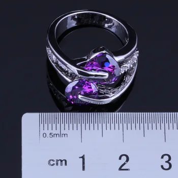 Plin de har Inima în Formă de Rotund Violet Cubic Zirconia Albe CZ Placat cu Argint Inel V0464