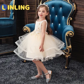 LINLING Vestido Poarte Rochie Fete Copii Princess Dressesr Fete Rochie de Bal Fete pentru Copii Haine pentru Copii, Nunta, Petrecere de Aniversare P489
