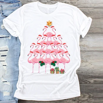 Femeile Flamingo Desene Animate Animal Fericit Îmbrăcăminte Crăciun Fericit Imprimare Haine Grafice De Top T Shirt Doamnelor Sex Feminin Tricouri Tricou T-Shirt