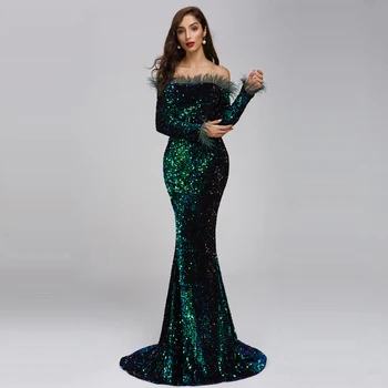 E Yiiya Paiete Rochie de Seara Elegante De pe Umăr Mermaid Rochie de Seara 2020 Maneca Lunga Rochie Lunga Femeie Partid K296